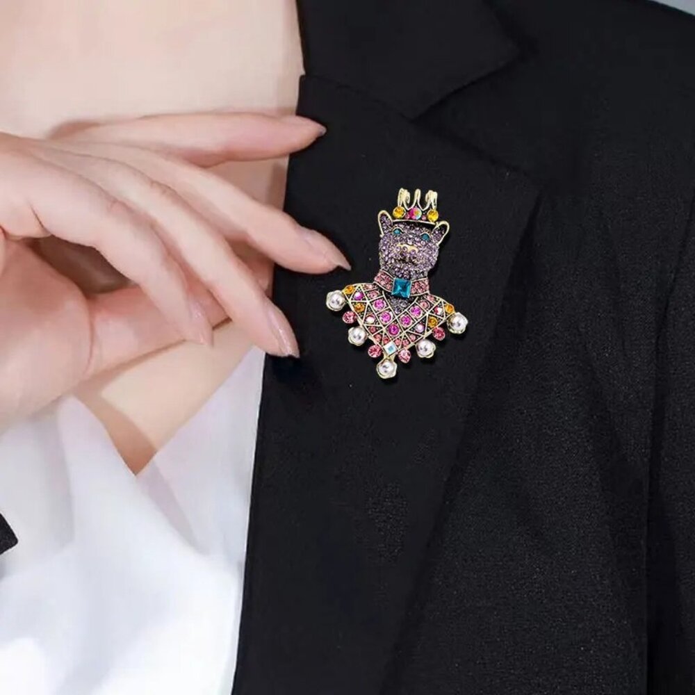 Vintage Full Rhinestones Baroque Court Luxury Tiger Brooches Pearl Animal King